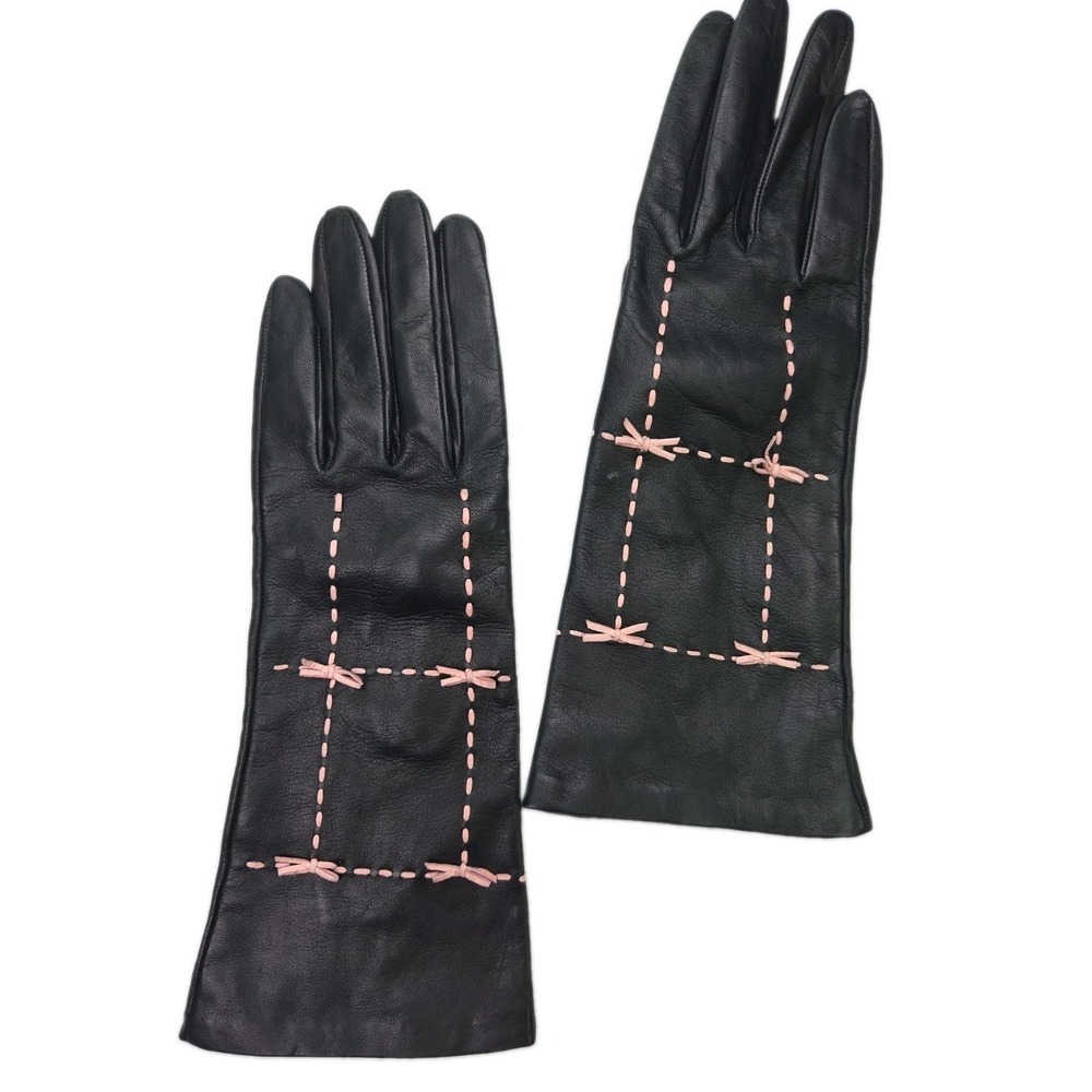 Portolano Womens Black Leather Gloves Pink Bows 100% Silk Lining Size 8 Vintage
